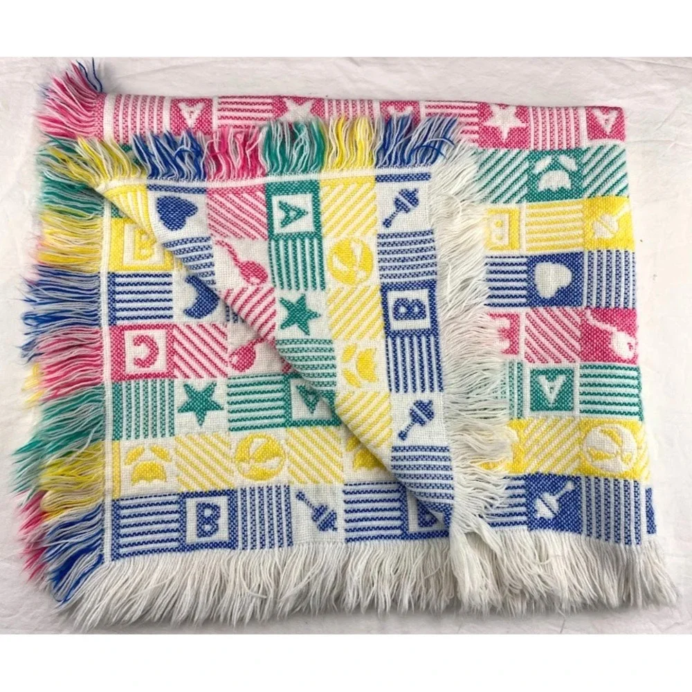 Vtg Woven Blocks Baby Blanket‎ Boy Girl Fringe A B C Rattle Heart Flower Bright
